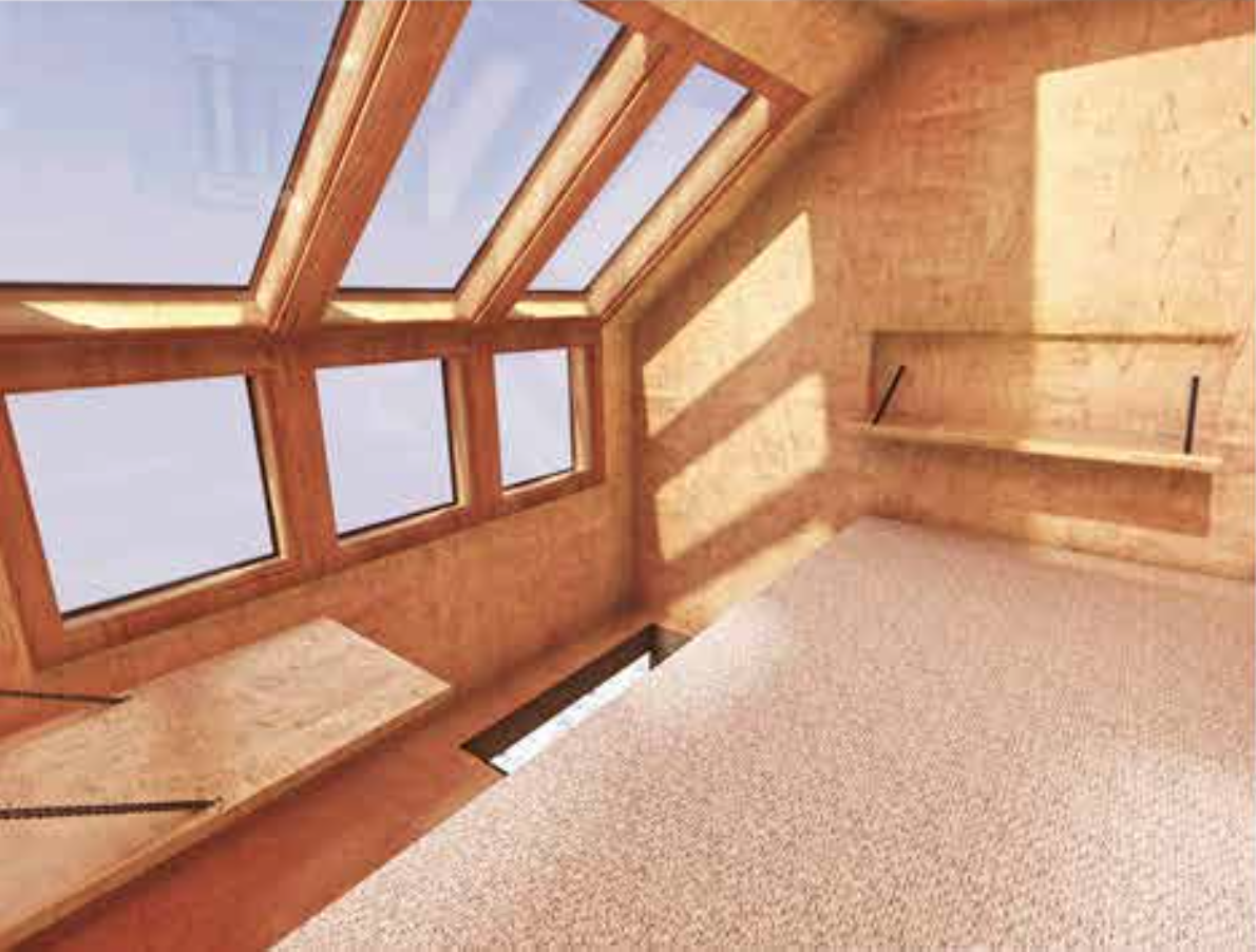 http://www.fakro.com/architects/international-design-competition/inspires-space-for-new-visions/ The pods are no frills with a mattress and simple plywood shelves for eating or socializing.