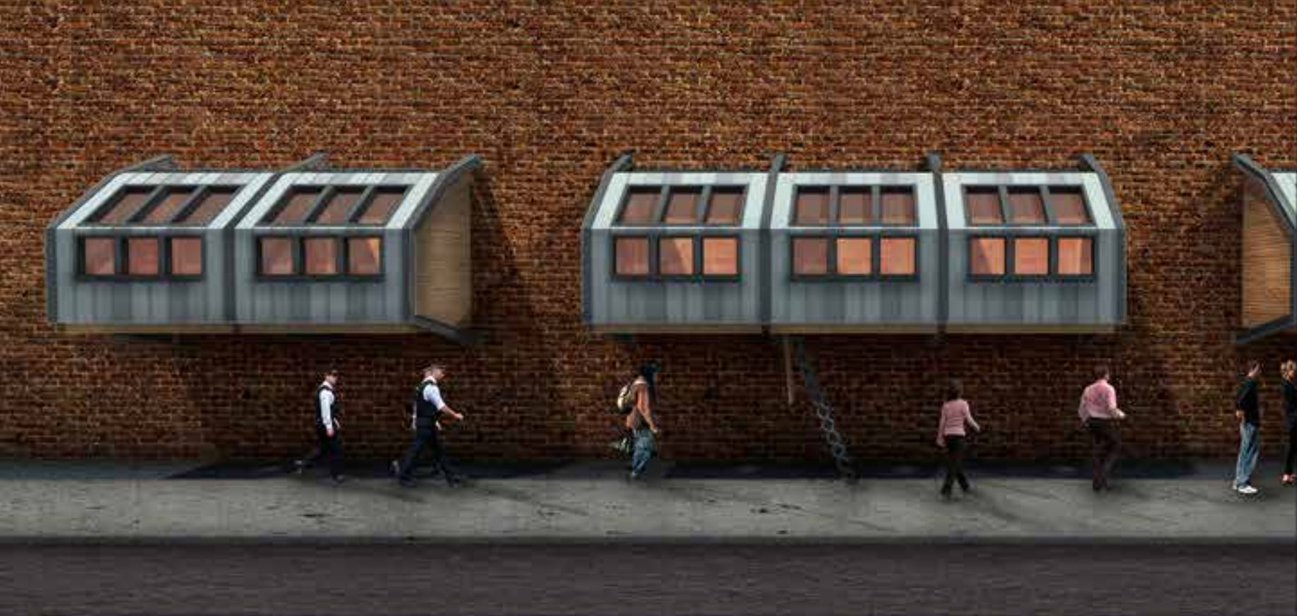 http://www.fakro.com/architects/international-design-competition/inspires-space-for-new-visions/ These temporary sleeping pods can be attached to the side of any building or structure, providing a a safe haven for homeless to get a good night's rest.